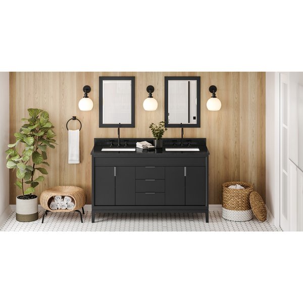 Jeffrey Alexander 60In. Black Theodora Vanity, Double Bowl, Black Granite Vanity Top, 2 Undermount Rectangle Bowls VKITTHE60BKBGR